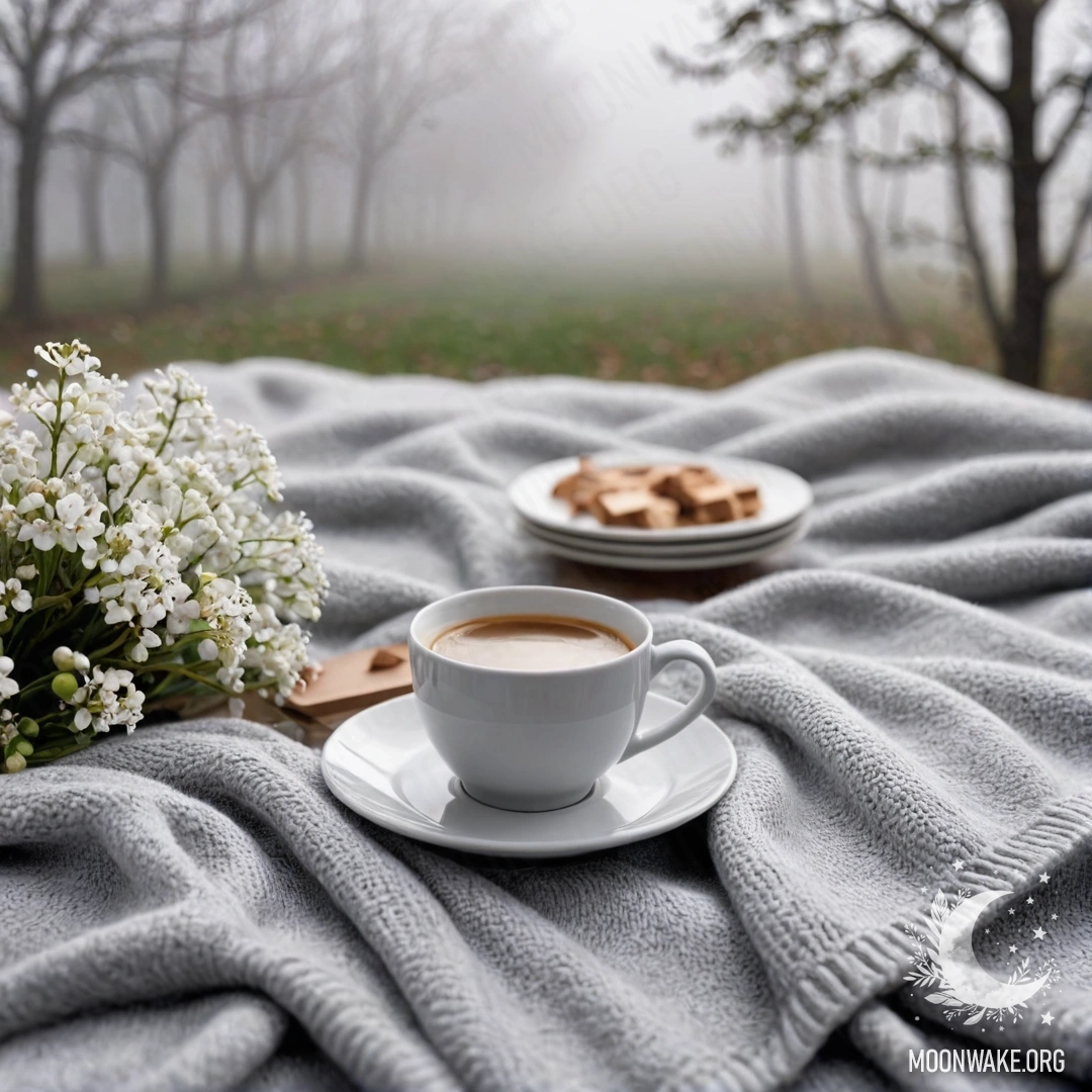 Cozy White Chair with Knitted Blanket A close-up of a cozy white chair with a gray knitted blanket, a book, a branch with white flowers, and a white cup of coffee on it, surrounded by dense fog.