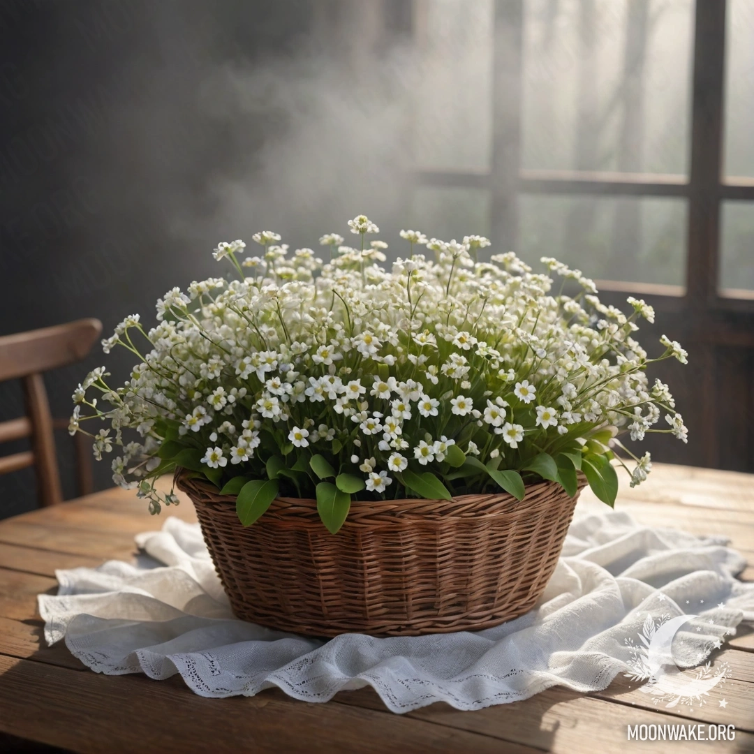 Cozy White Flowers in a Basket A basket of small white flowers resting on a wooden table, surrounded by dense mist and heavy fog.