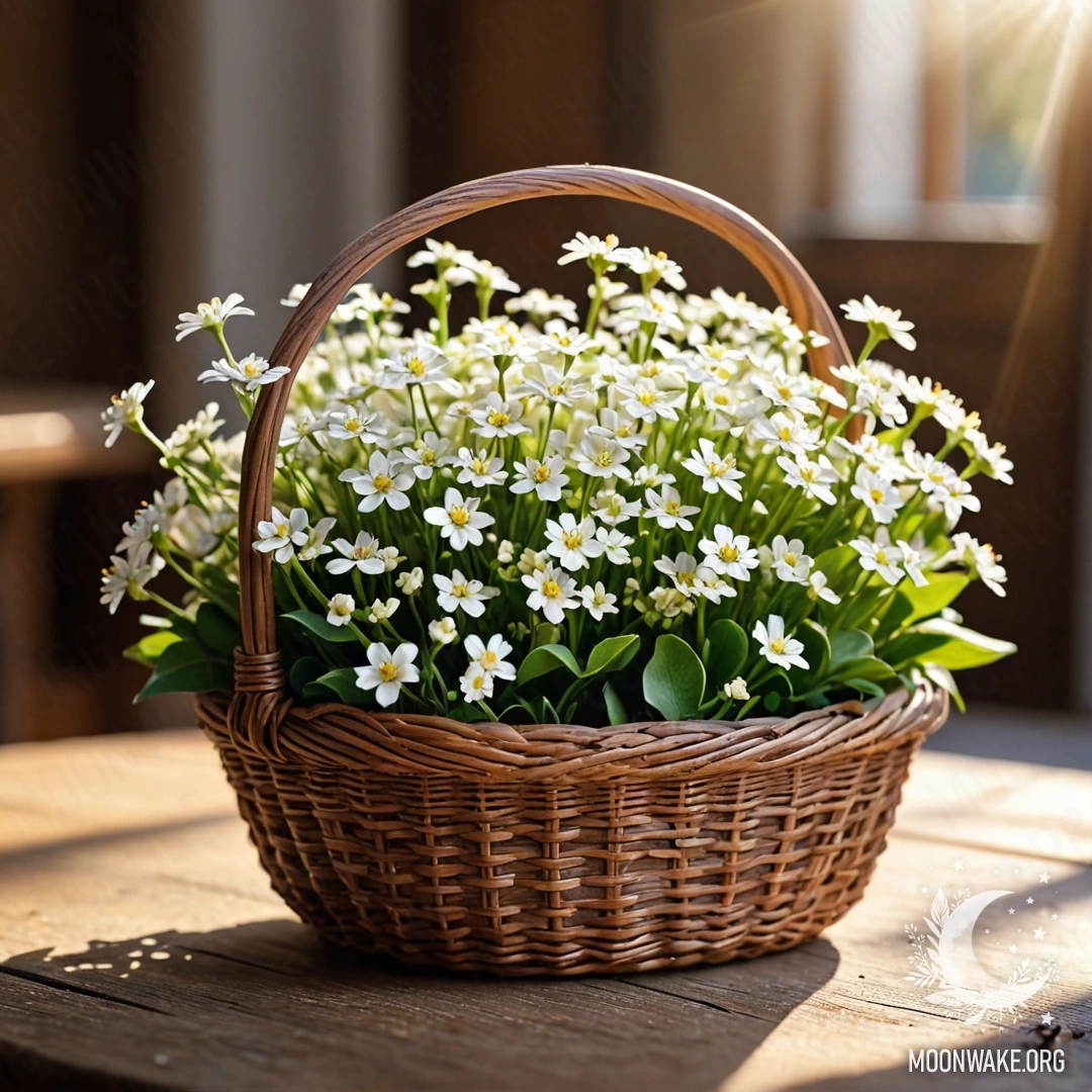 A basket of small white flowers on a wooden table illuminated by sunlight.