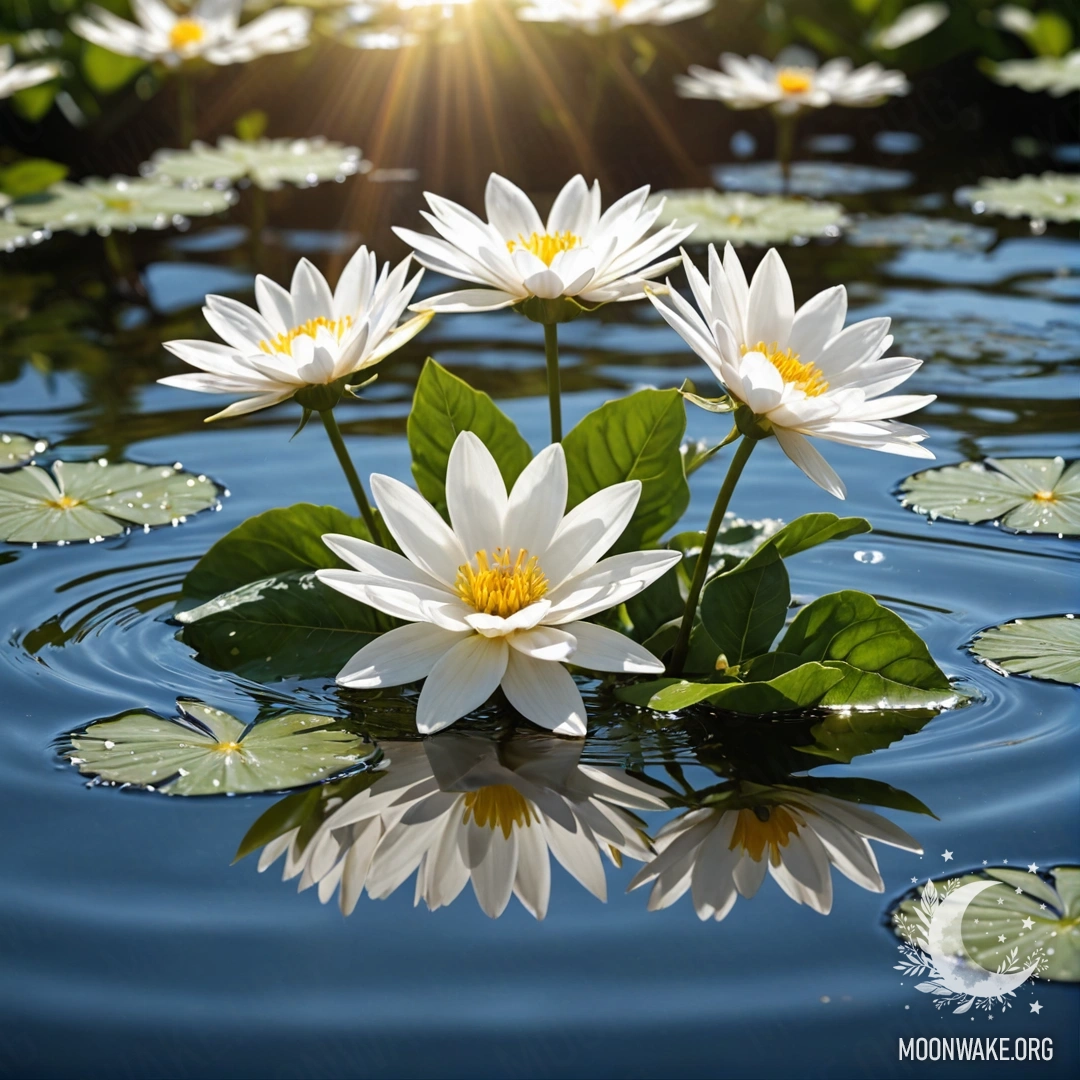 A serene scene of white flowers floating gently on water, illuminated by sun rays.