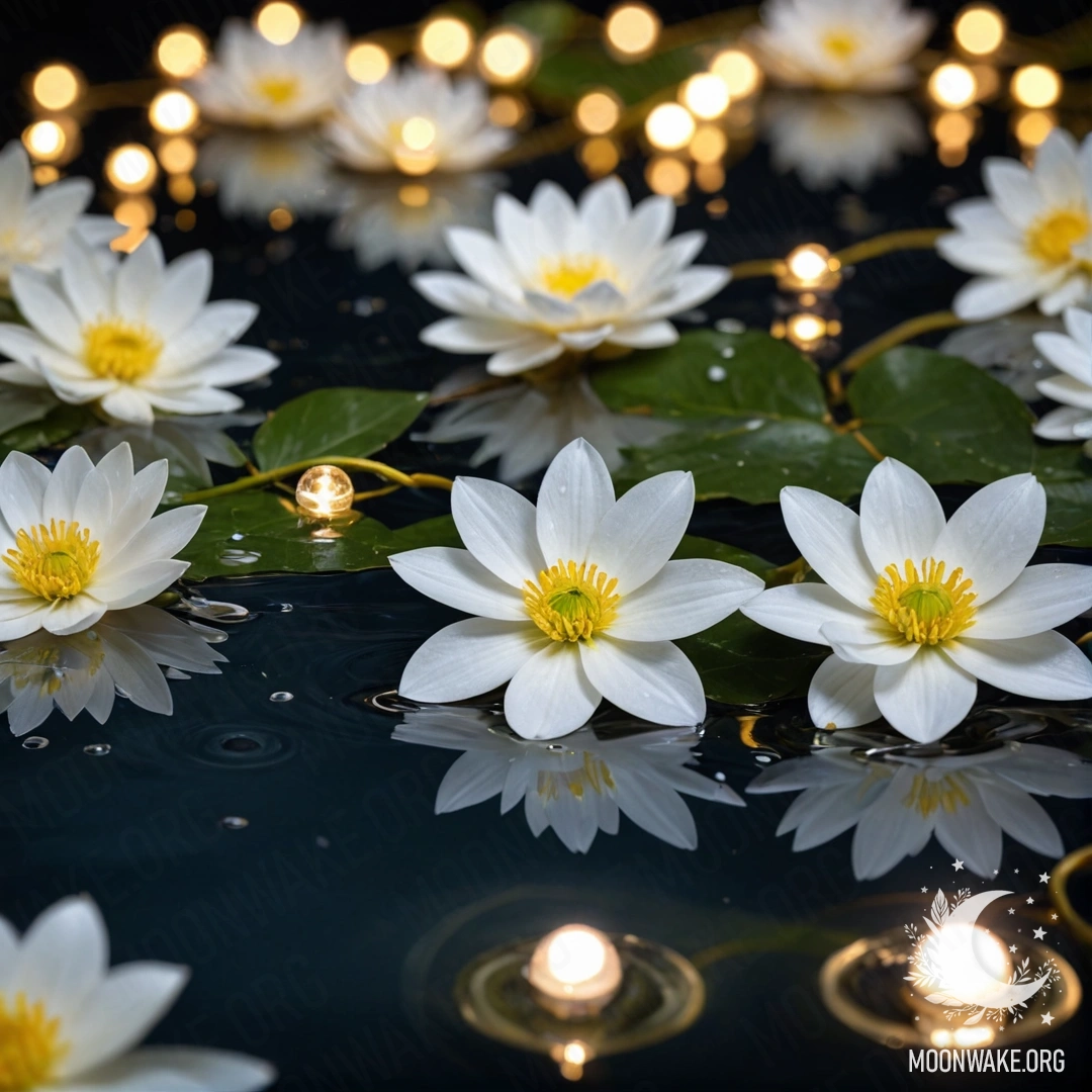 A serene scene of cozy white flowers floating gently on water, illuminated by soft garland lights.
