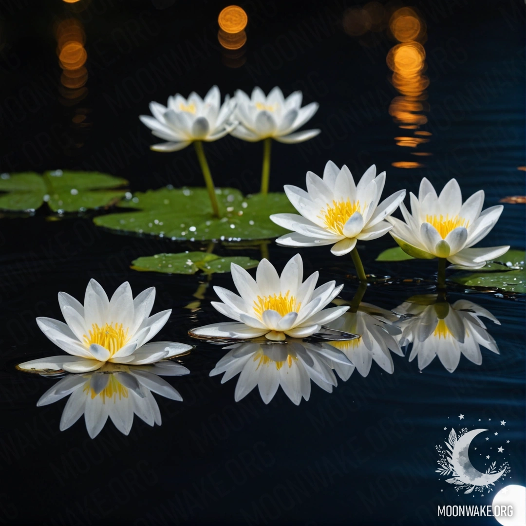 A serene image of white flowers floating on a dark water surface at night.