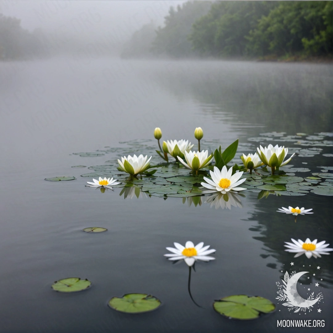 A serene view of white flowers floating on a mist-covered water surface.