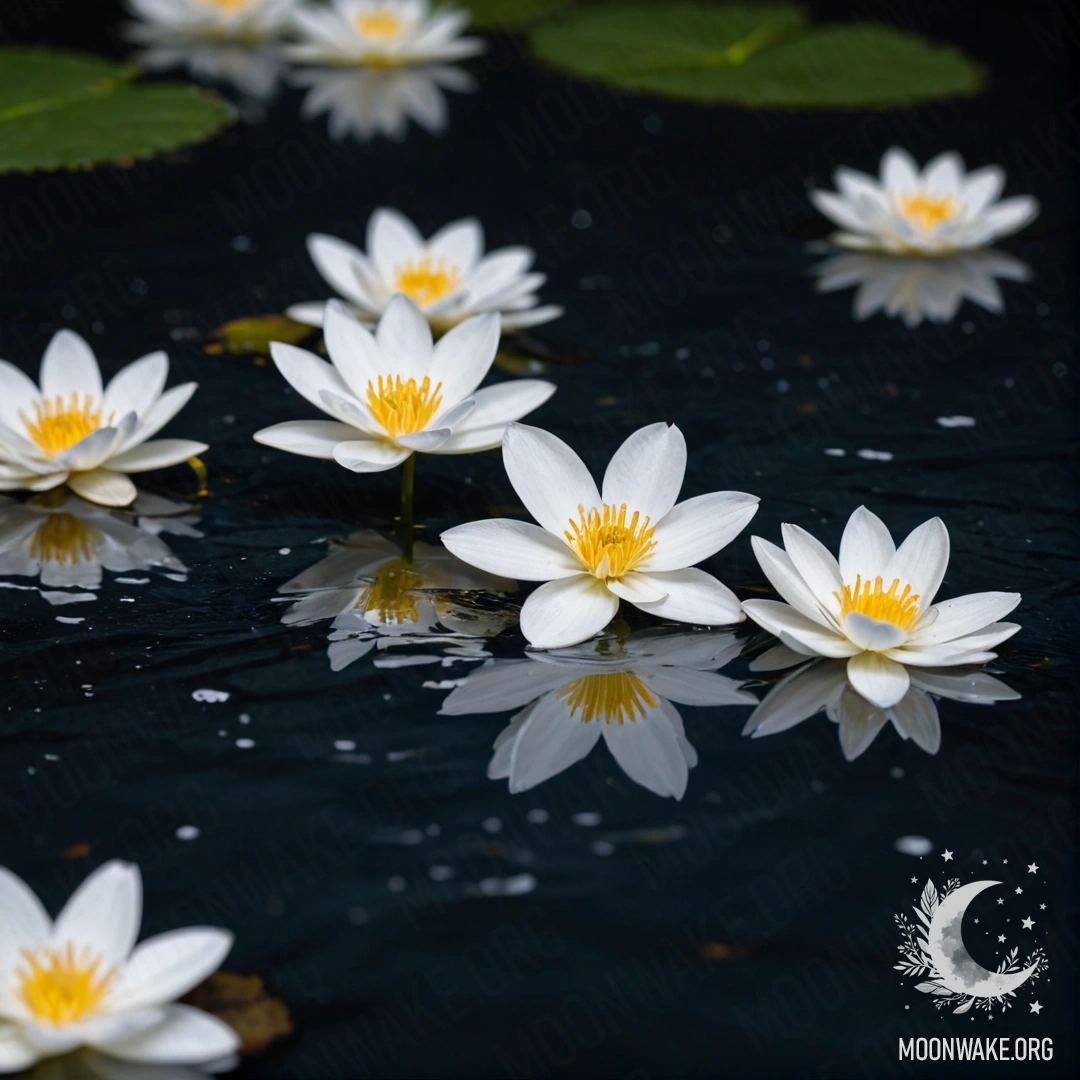 Cozy White Flowers on Water at Night A serene scene of white flowers floating on the surface of dark water at night.