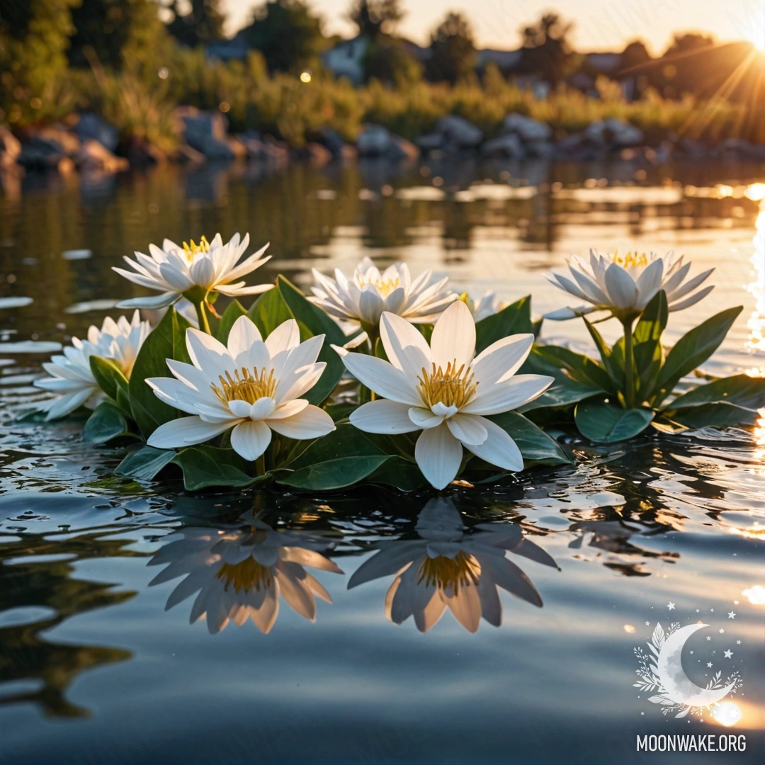 A serene scene of white flowers floating on the water surface at sunset.