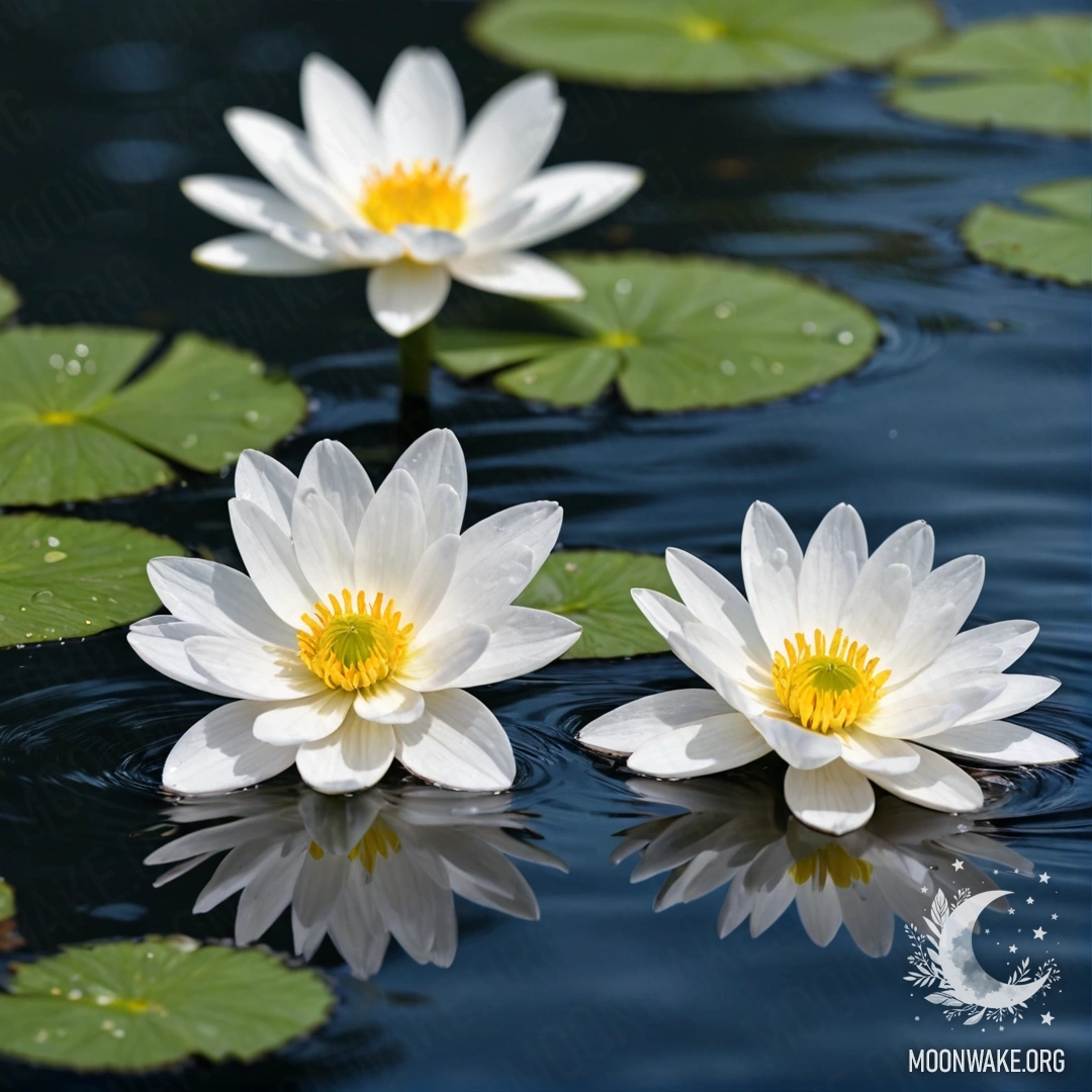 A serene image of delicate white flowers floating gently on a water surface with soft lens effects.