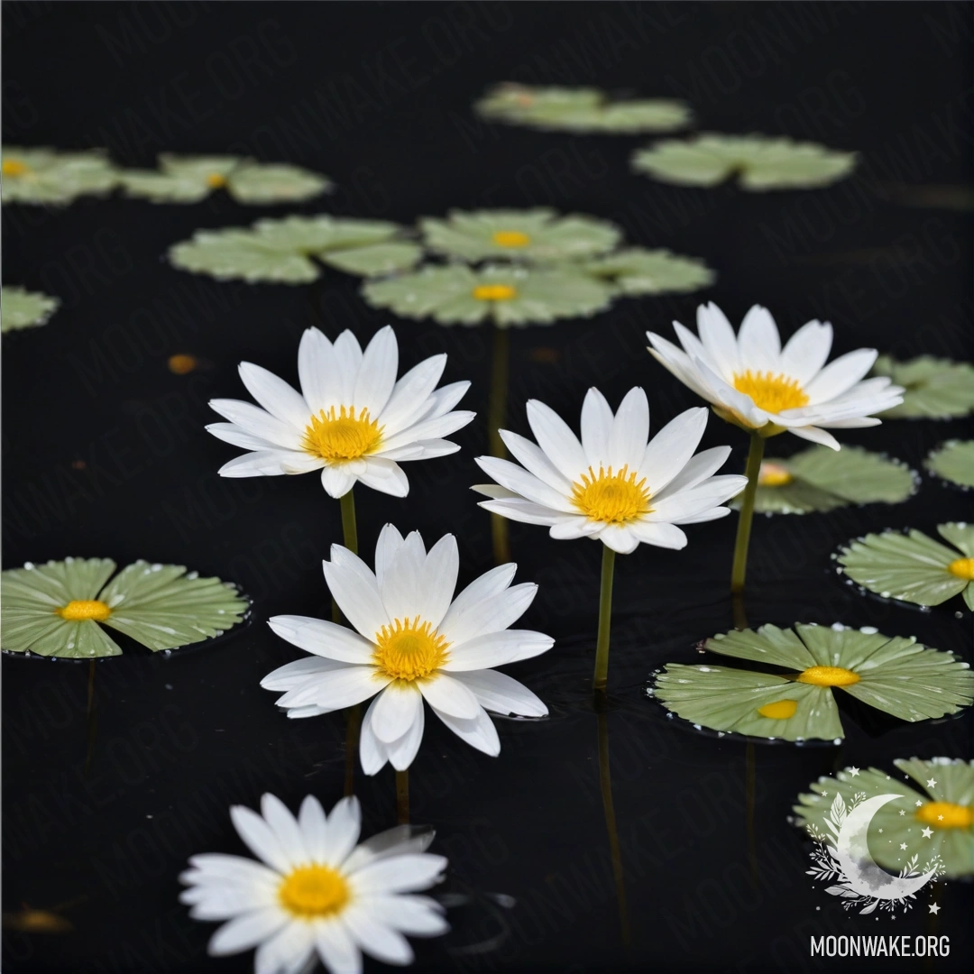 Delicate white flowers gently floating on a dark water surface at night.