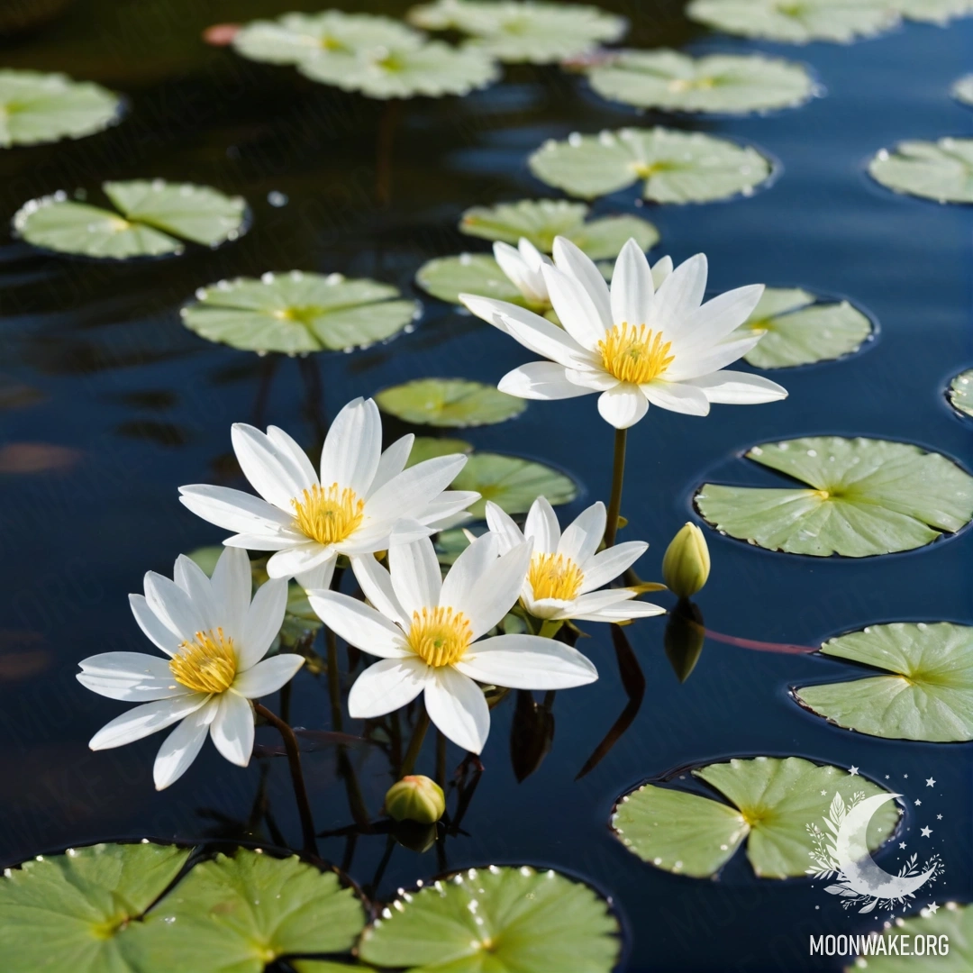 A serene image of white flowers floating gently on water.