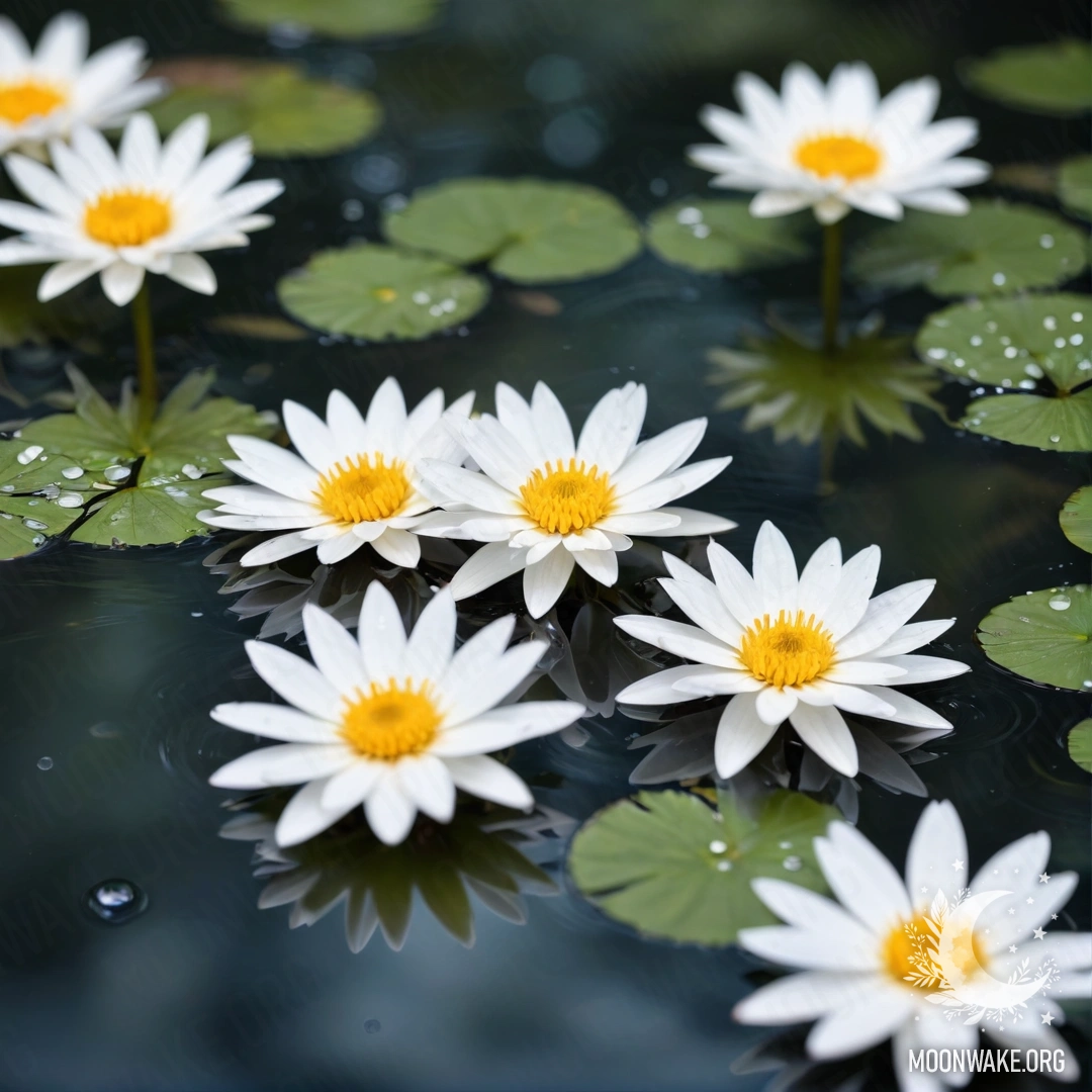 A serene scene featuring delicate white flowers floating on water, captured through a soft lens.