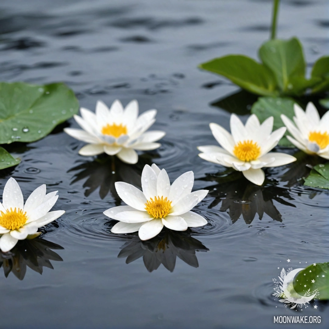 Delicate white flowers floating on a water surface, gently disturbed by rain, creating a serene and calming scene.