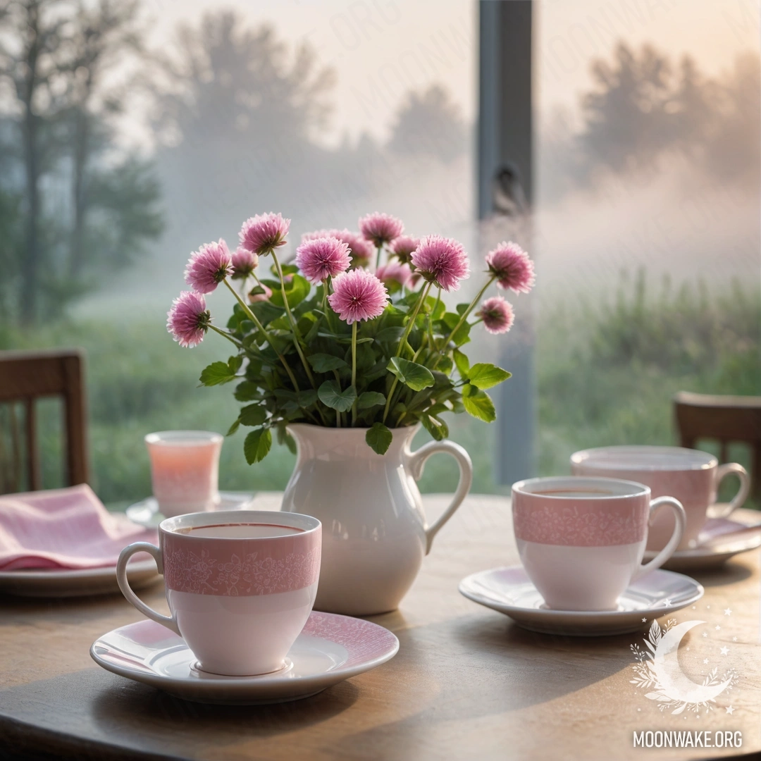 Cozy White Porcelain Cups on Napkin in Mist A round straw napkin holds delicate white porcelain cups adorned with a pink pattern, alongside a white vase filled with clover, all enveloped in thick fog.