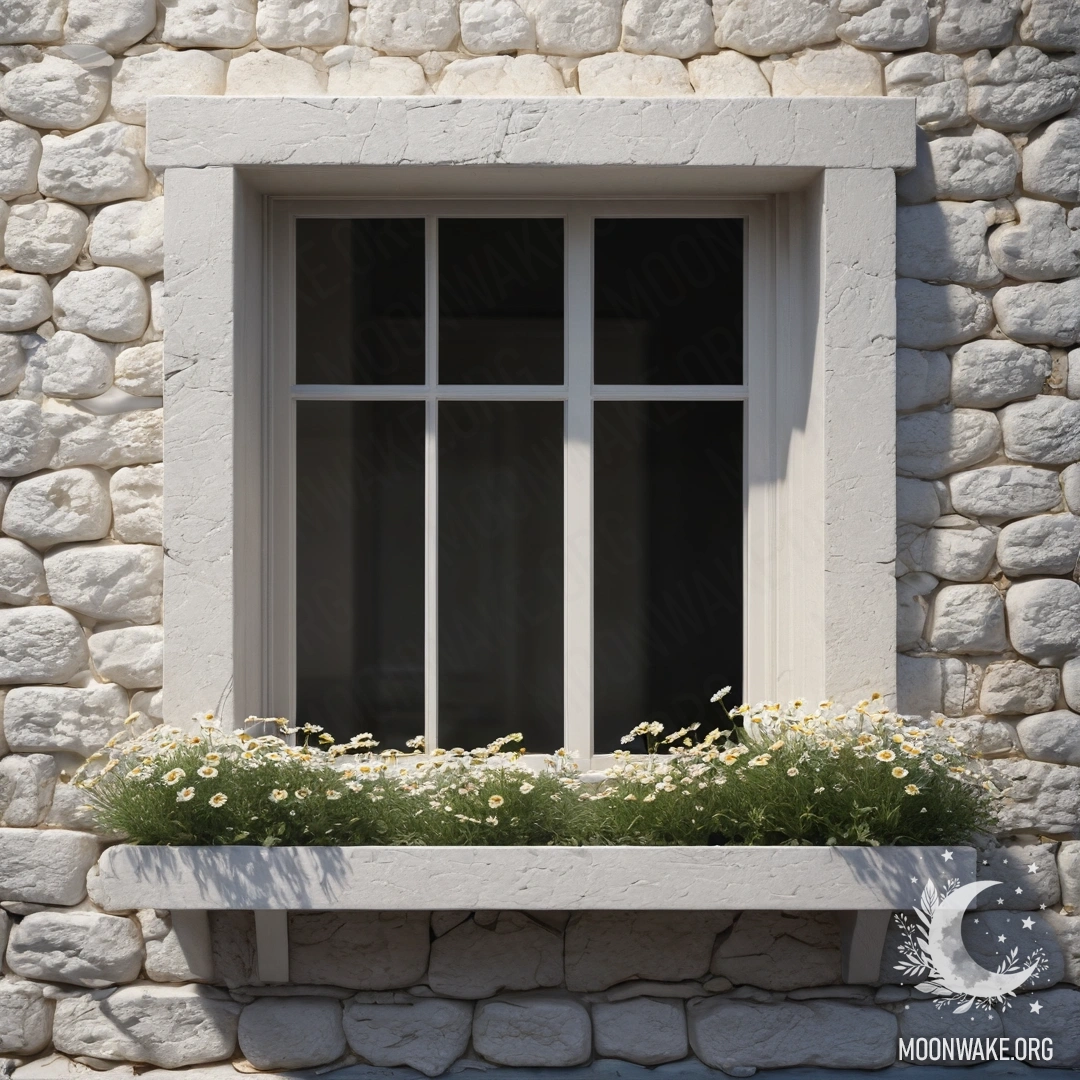 A cozy white stone wall with an open window and a basket of daisies on the windowsill, illuminated by garland lights.