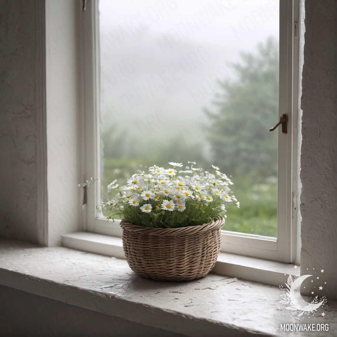 A cozy white stone wall with an open window and a basket of daisies on the windowsill, surrounded by dense mist.