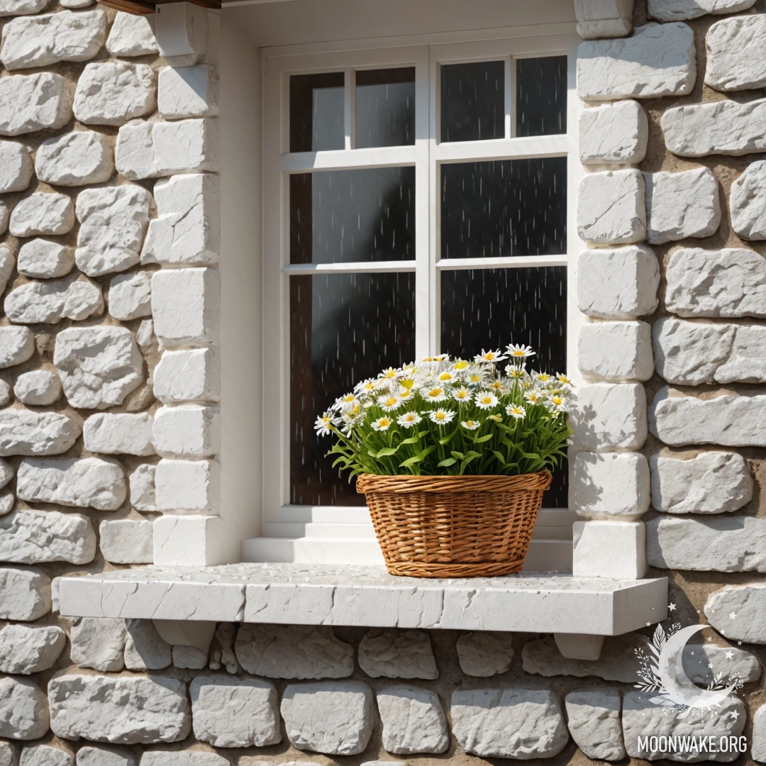 A photorealistic image of a cozy white stone wall with an open window, featuring a basket of daisies on the windowsill, under falling rain.