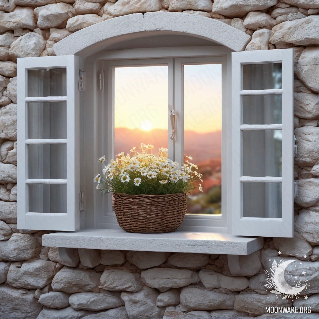 A cozy white stone wall with an open window and a basket of daisies on the sill during sunset.