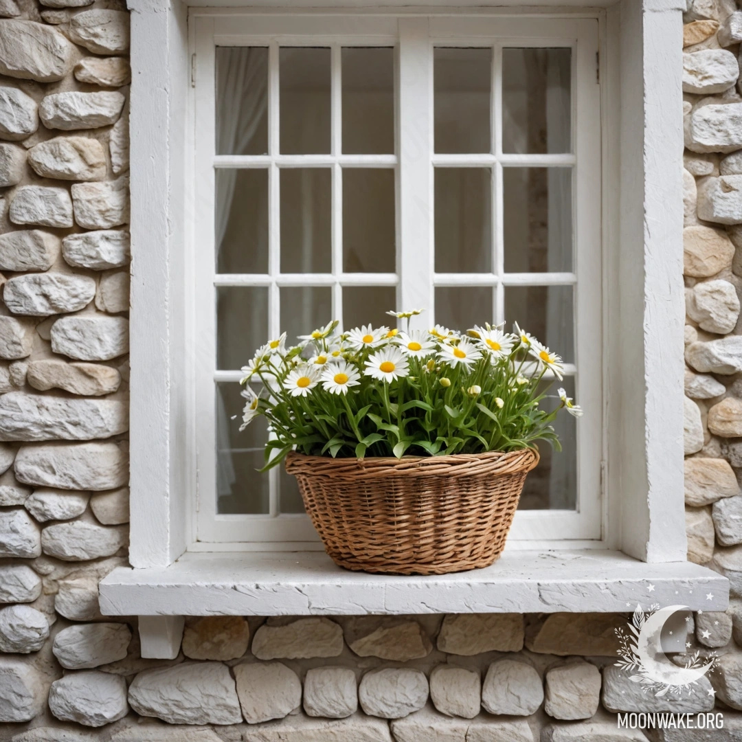 A cozy white stone wall with an open window, a basket of daisies on the windowsill, adorned with fairy lights.