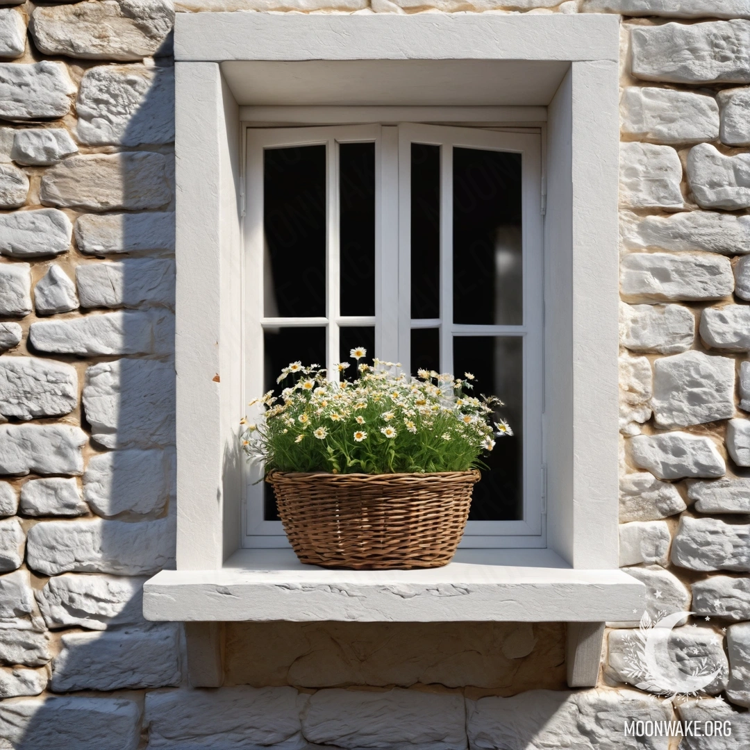 A cozy white stone wall with an open window, featuring a basket of daisies on the windowsill, illuminated by sun rays.