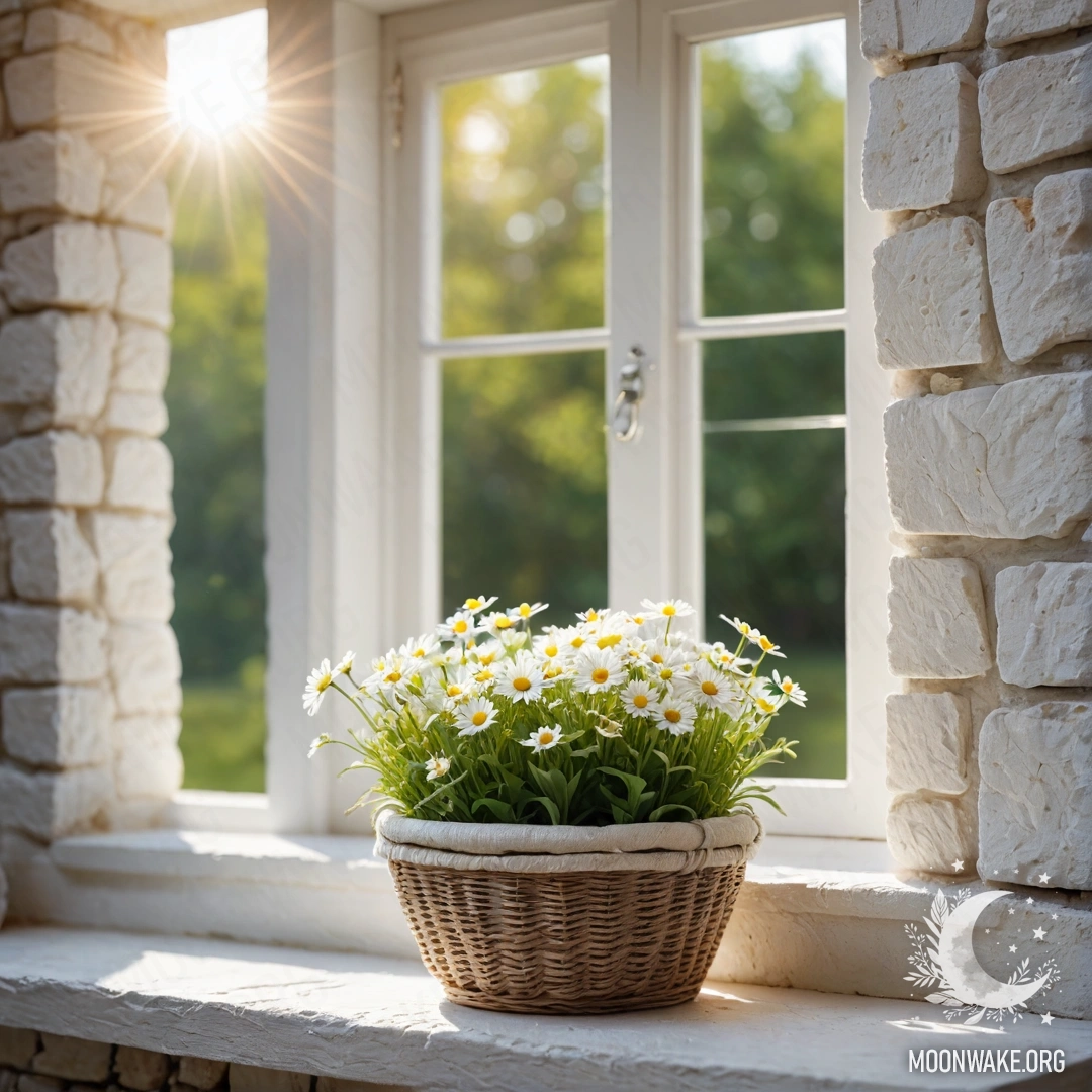 A bright open window with a basket of daisies on the sill, light streaming through.