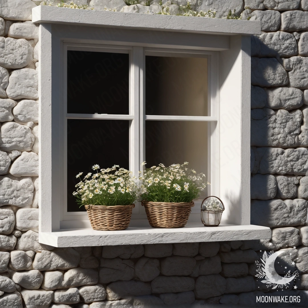 A cozy white stone wall with an open window and a basket of daisies on the windowsill at night.