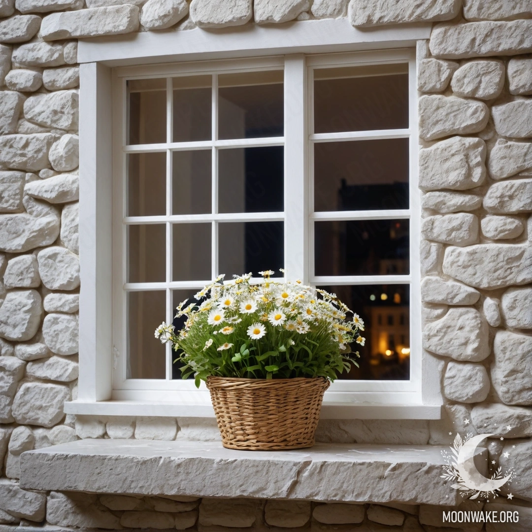 A cozy scene with a white stone wall and an open window, featuring a basket of daisies on the windowsill at night.