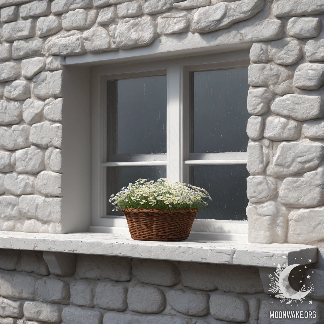 A cozy scene featuring a white stone wall, an open window, and a basket of daisies on the windowsill, with rain falling outside.