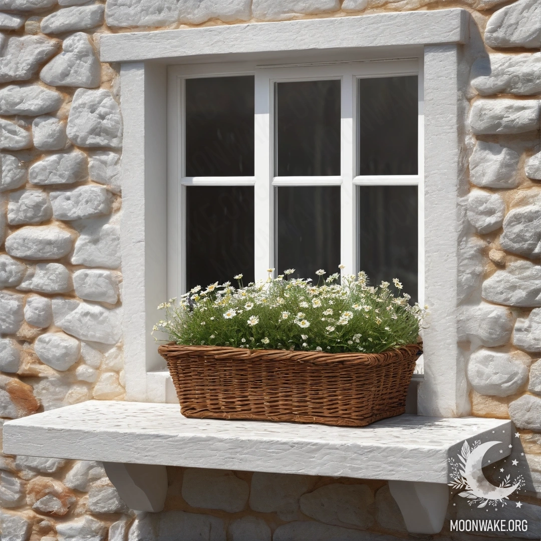 A cozy scene with a white stone wall and an open window, featuring a basket of daisies on the windowsill, with rain falling outside.