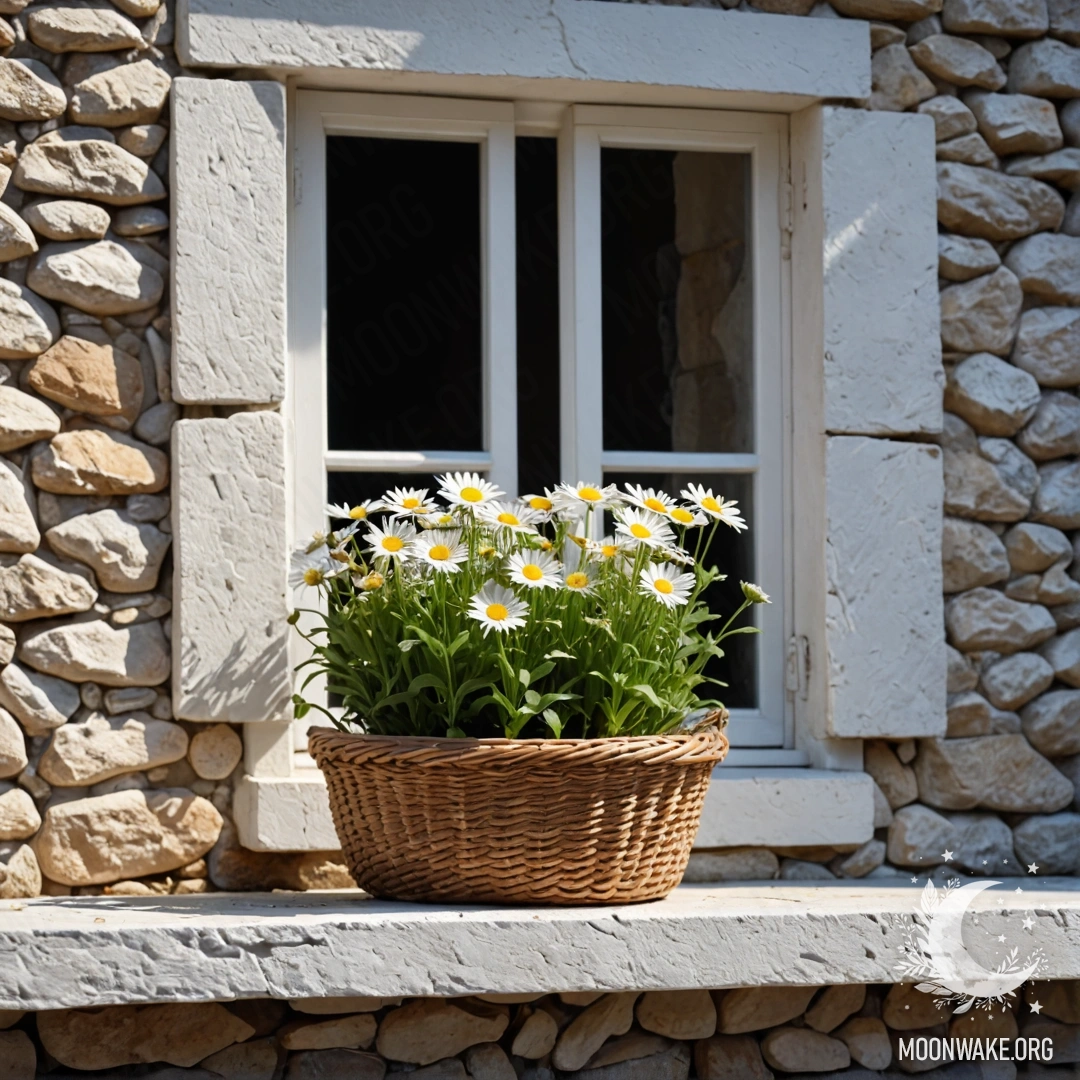 A cozy white stone wall with an open window and a basket of daisies on the windowsill, illuminated by sun rays.
