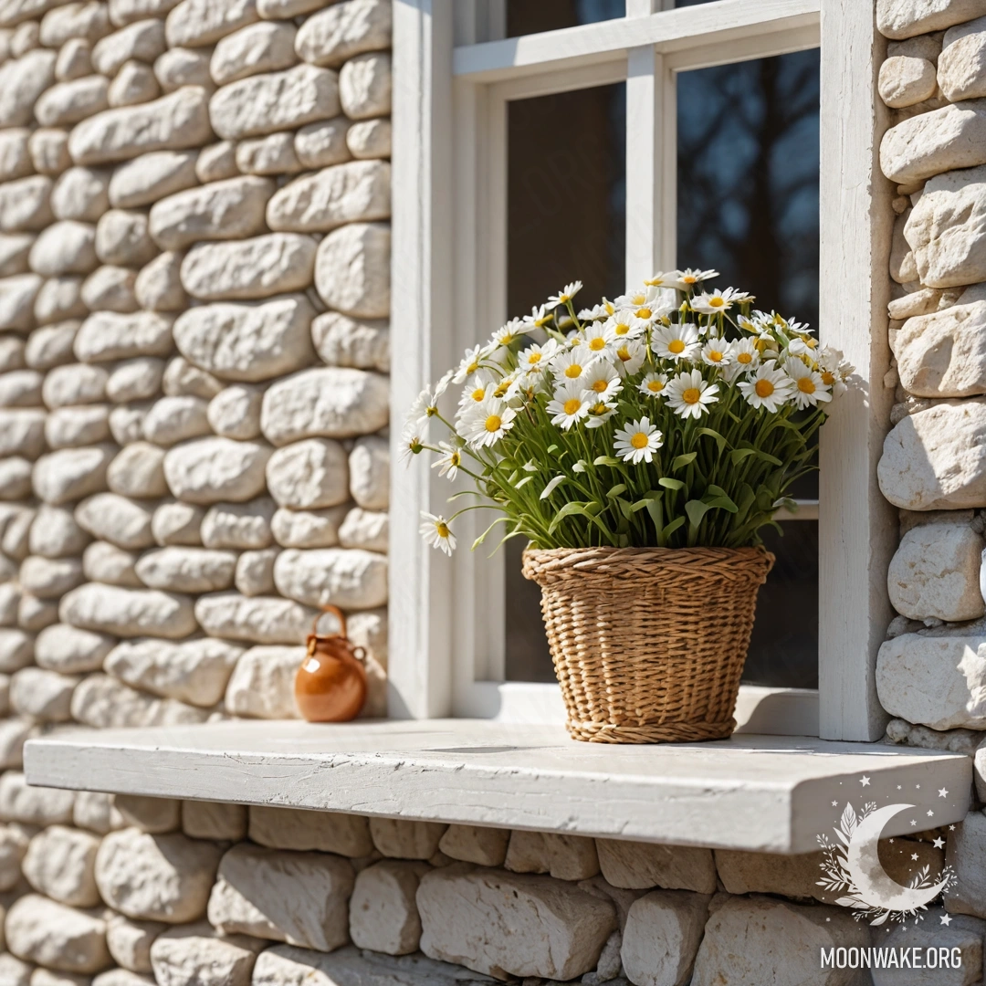 Cozy Daisies by the Window A cozy white stone wall with an open window and a basket of daisies on the windowsill.