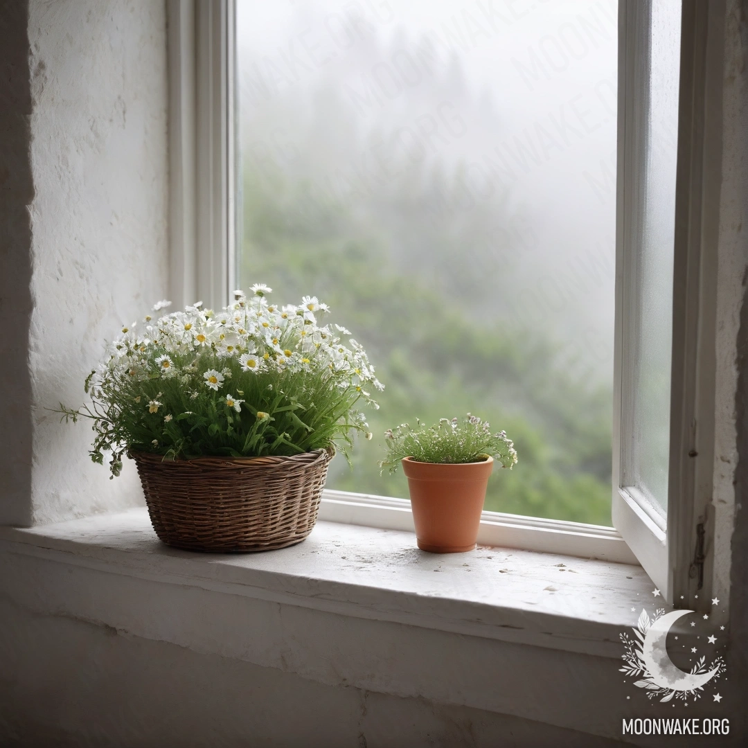 A cozy scene featuring a white stone wall, an open window, and a basked of daisies on the windowsill surrounded by dense mist.