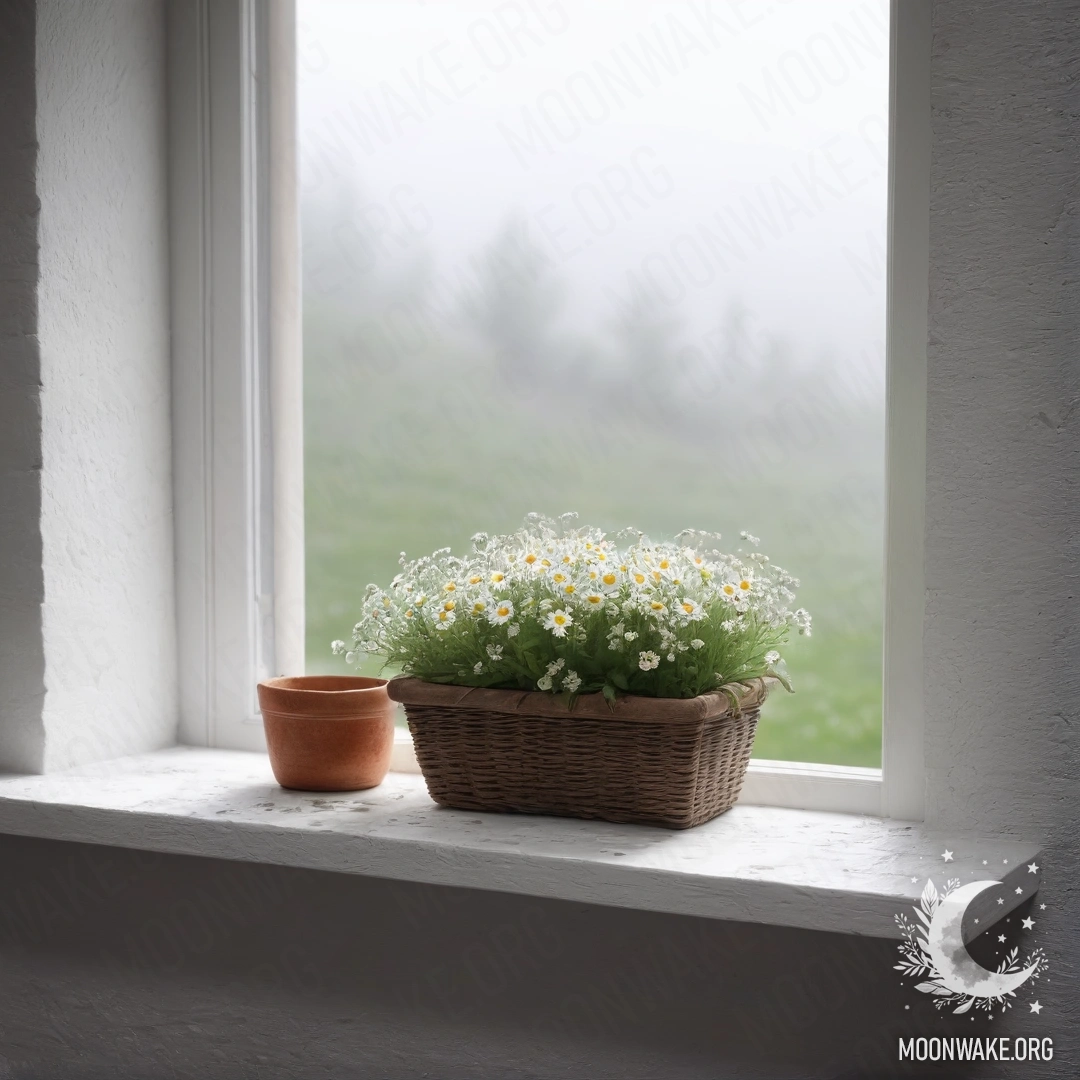 A cozy scene featuring a white stone wall, an open window, and a basket of daisies on the windowsill in a heavy fog.