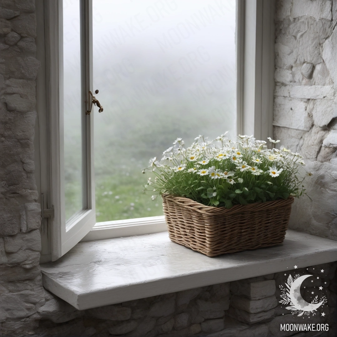 A cozy scene featuring a white stone wall, an open window, and a basket of daisies on the windowsill in heavy fog.