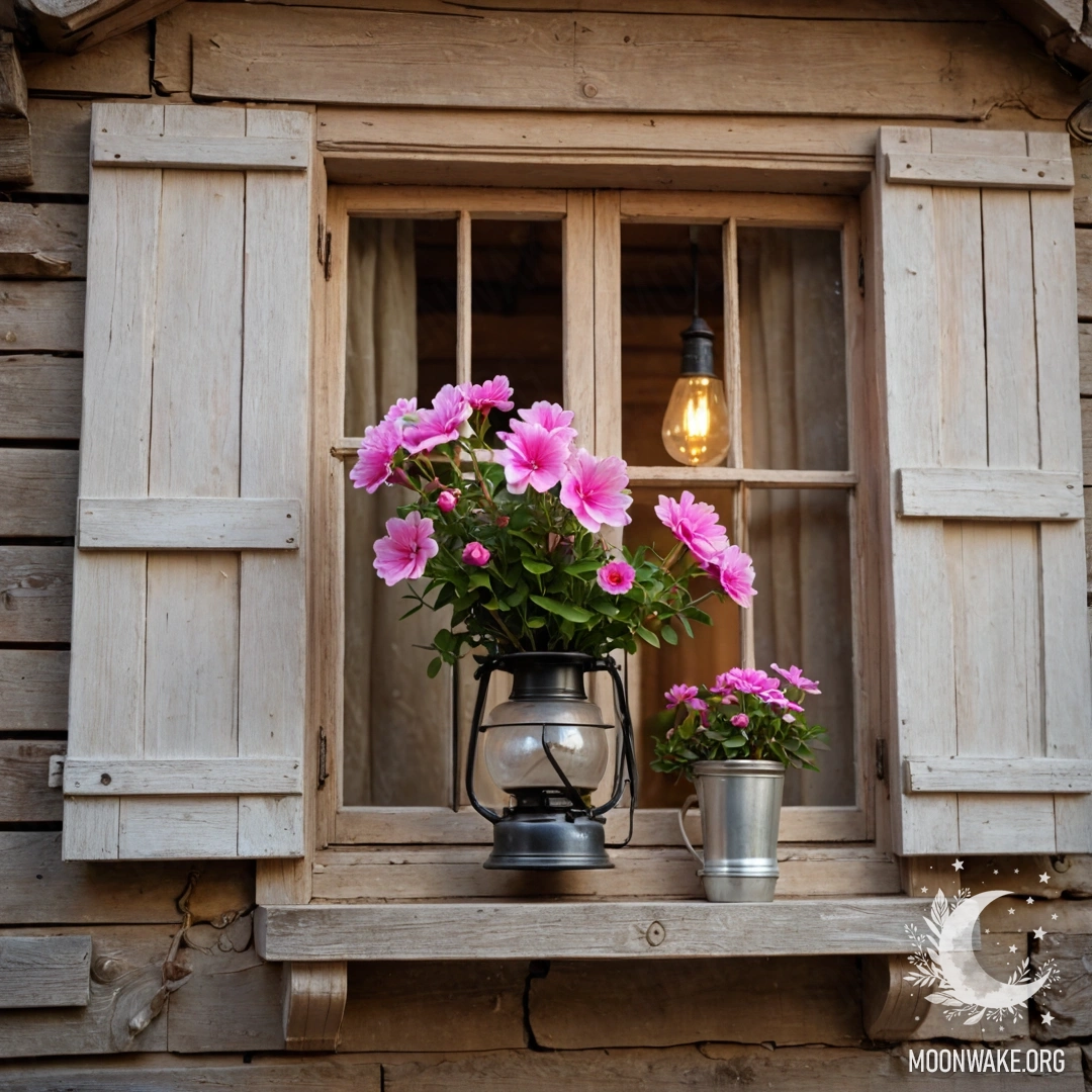 A shabby wooden windowsill with a jar of daisies and an open book among dense fog.