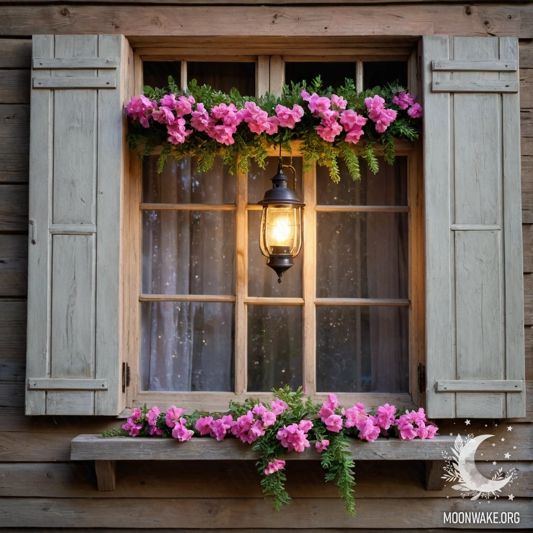 A shabby wooden window with shutters, adorned with a kerosene lamp and pink flowers, illuminated by a garland.