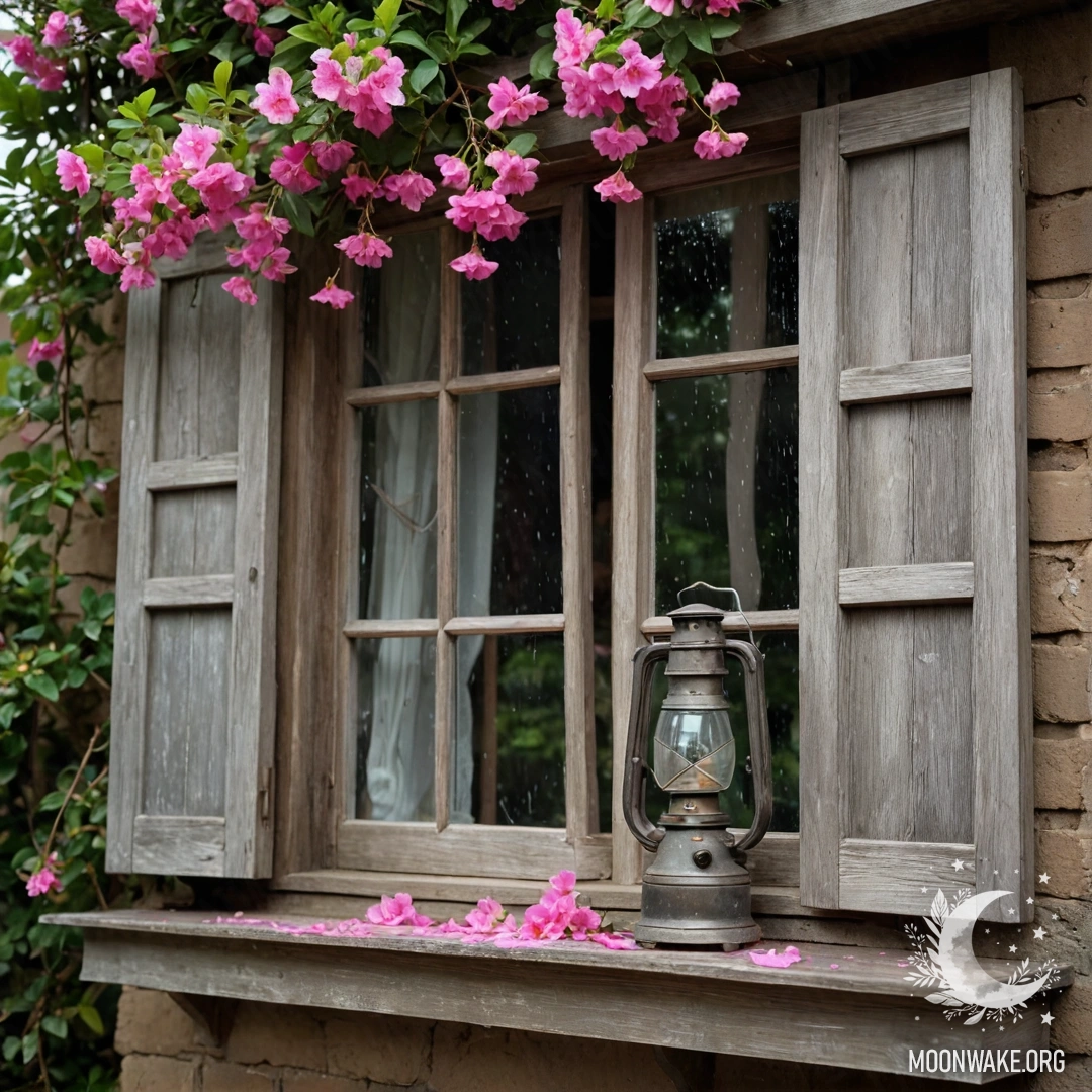 Cozy Window with Pink Blossoms A shabby wooden window with shutters, a kerosene lamp, and a branch of pink flowers under the rain.