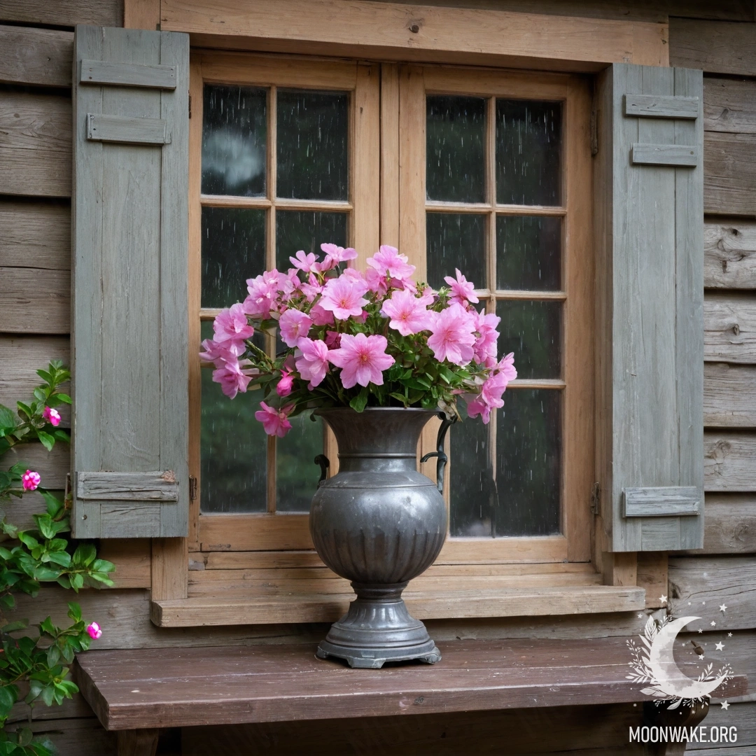 Cozy Window with Pink Blossoms A shabby wooden window with shutters adorned by pink flowers and a kerosene lamp hanging above it, surrounded by rain.