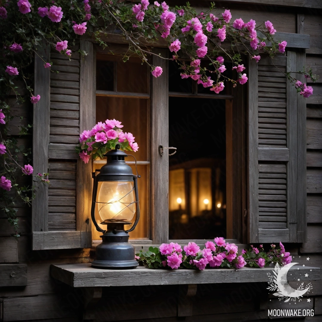 Cozy Window with Pink Flowers at Night A shabby wooden window with shutters, a kerosene lamp, and pink flowers