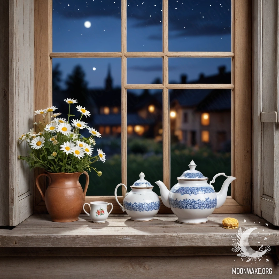 A metal teapot adorned with patterns sits on a shabby wooden window sill, filled with daisies, under the night sky.