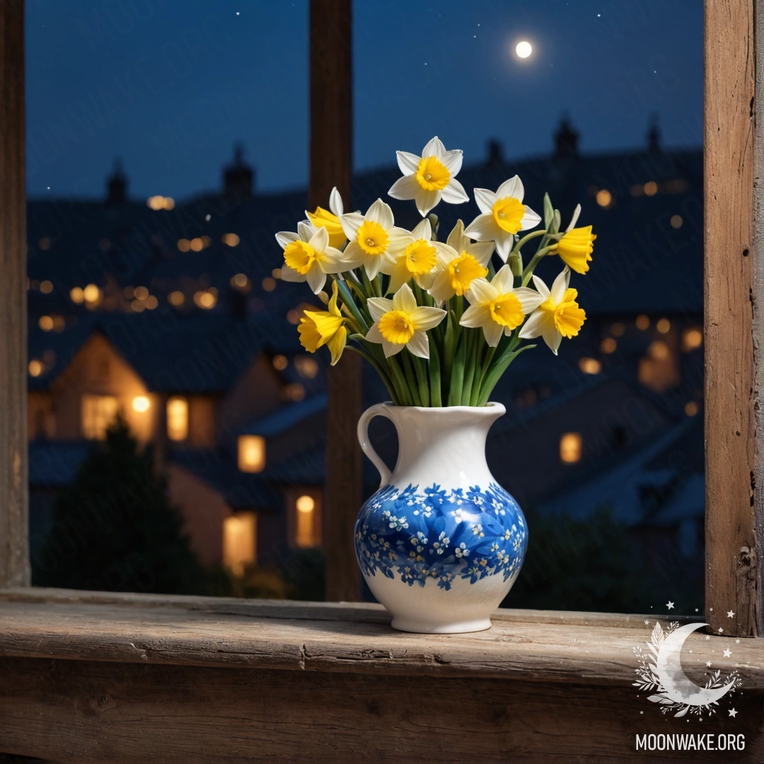 A shabby wooden window sill at night with a porcelain vase holding daffodils and forget-me-nots.