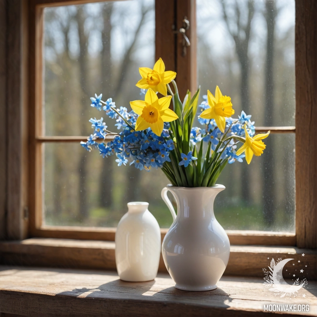 A shabby wooden window sill adorned with a white porcelain vase filled with yellow daffodils and blue forget-me-nots, illuminated by garland lights.