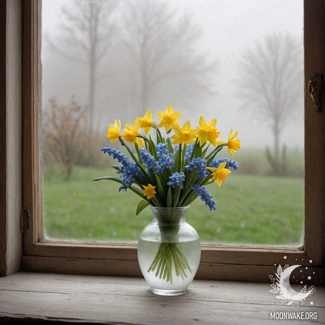 An old wooden window sill with a white vase containing daffodils and forget-me-nots surrounded by dense fog.