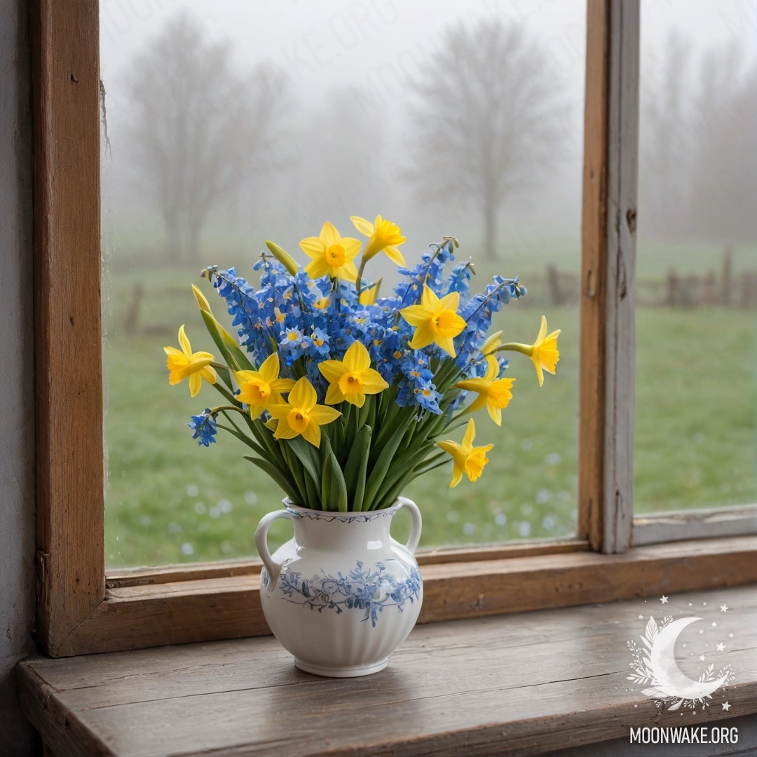 An old wooden window sill adorned with a white porcelain vase holding daffodils and forget-me-nots amidst heavy fog.