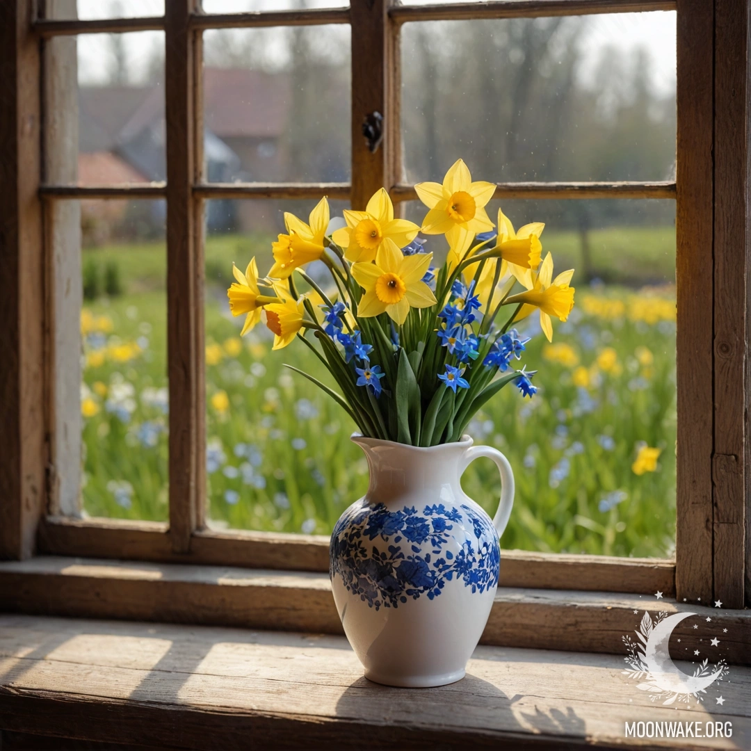 A shabby wooden window sill adorned with a white vase of daffodils and forget-me-nots lit by garland lights.