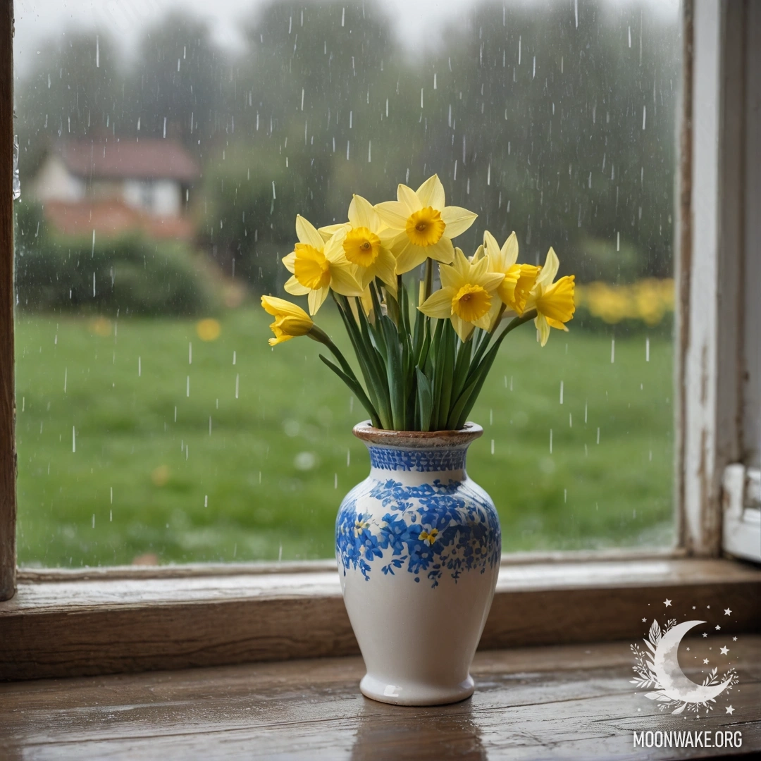 A wooden window sill with a white vase containing daffodils and forget-me-nots, rain falling gently outside.
