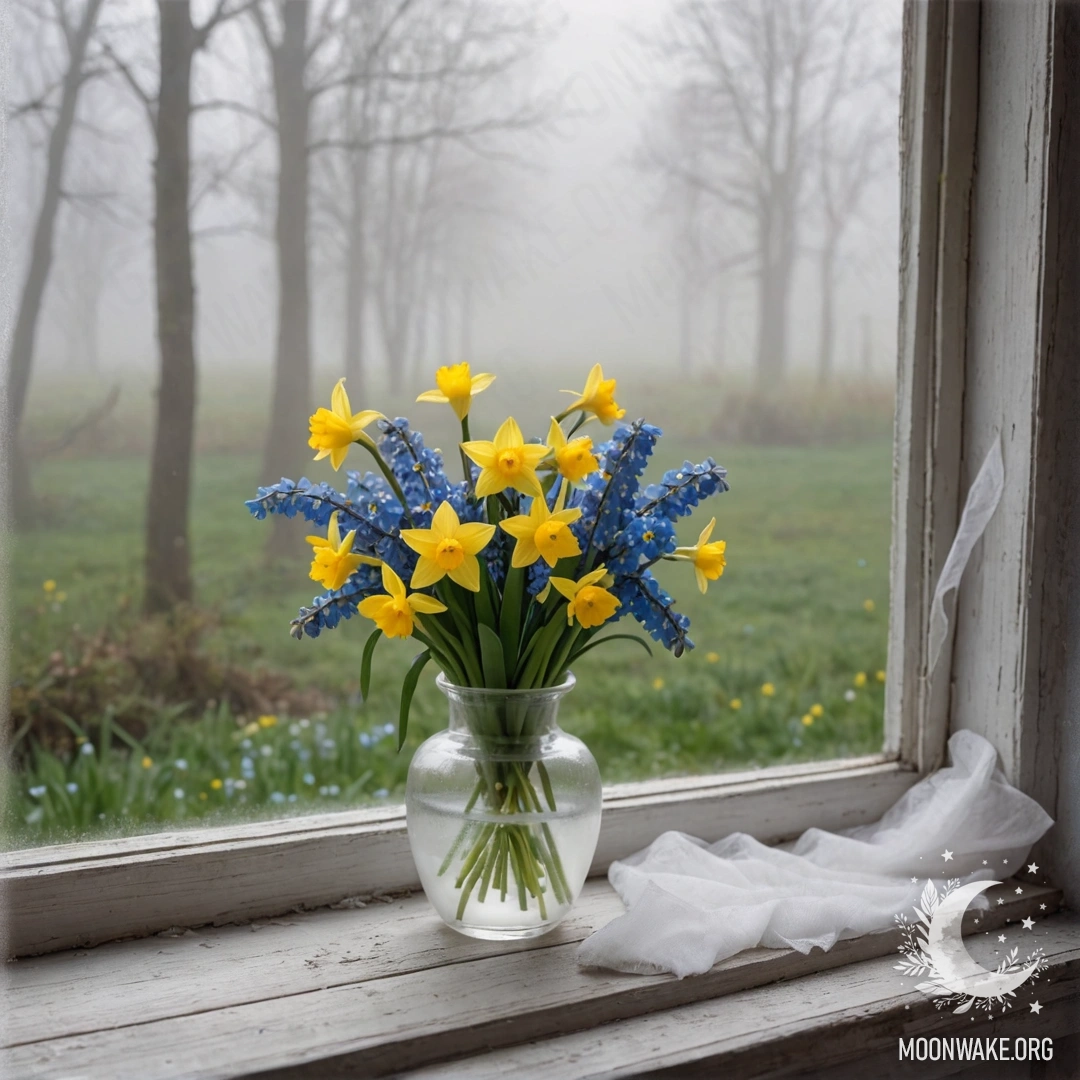 An old wooden window sill adorned with a white vase filled with yellow daffodils and small blue forget-me-nots, surrounded by thick mist.