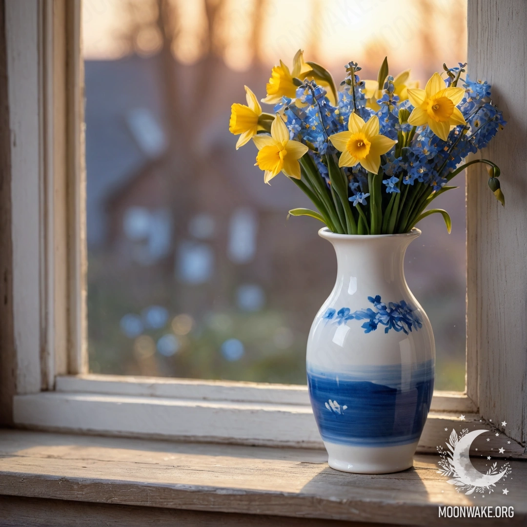 A weathered wooden window sill adorned with a white vase holding daffodils and forget-me-nots, bathed in the warm glow of a sunset.