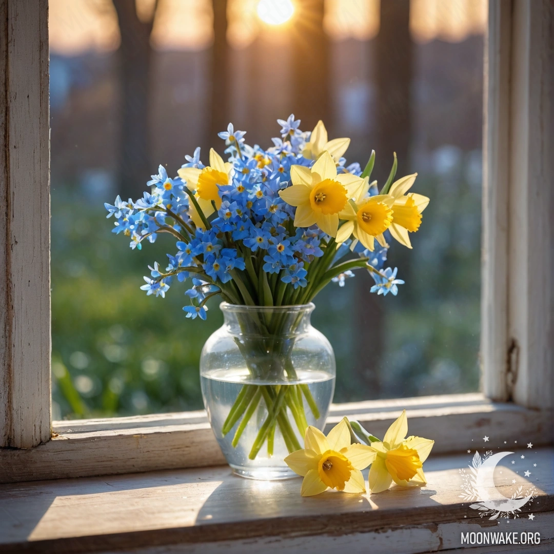 A white porcelain vase with daffodils and forget-me-nots on an old wooden window sill during sunset.