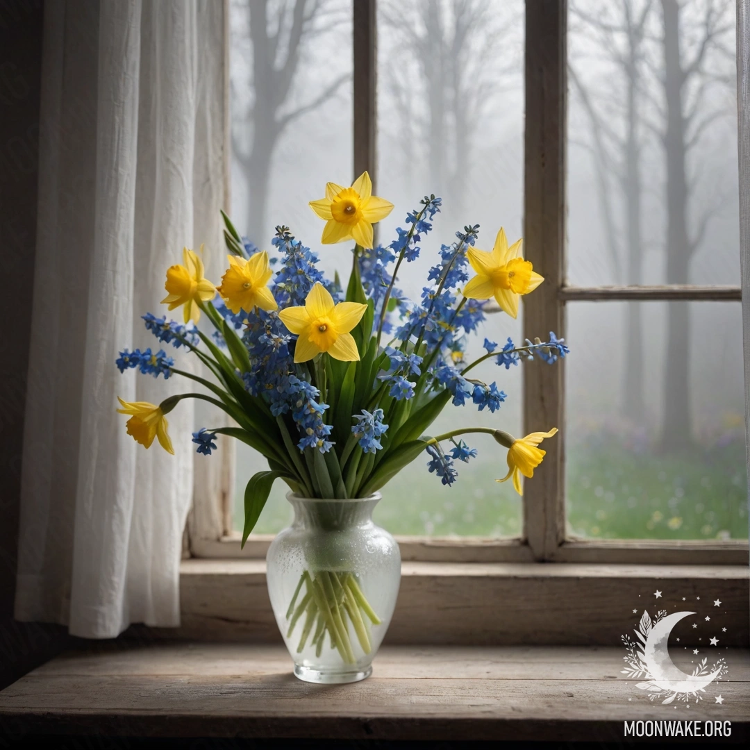 A shabby wooden window sill adorned with a white porcelain vase filled with yellow daffodils and blue forget-me-nots, surrounded by mist.