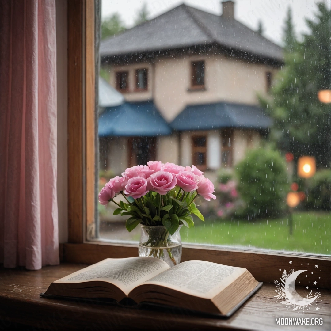 A cozy wooden window sill featuring an old, shabby book and a gray vase with pink flowers, accompanied by a pink curtain affected by rain.