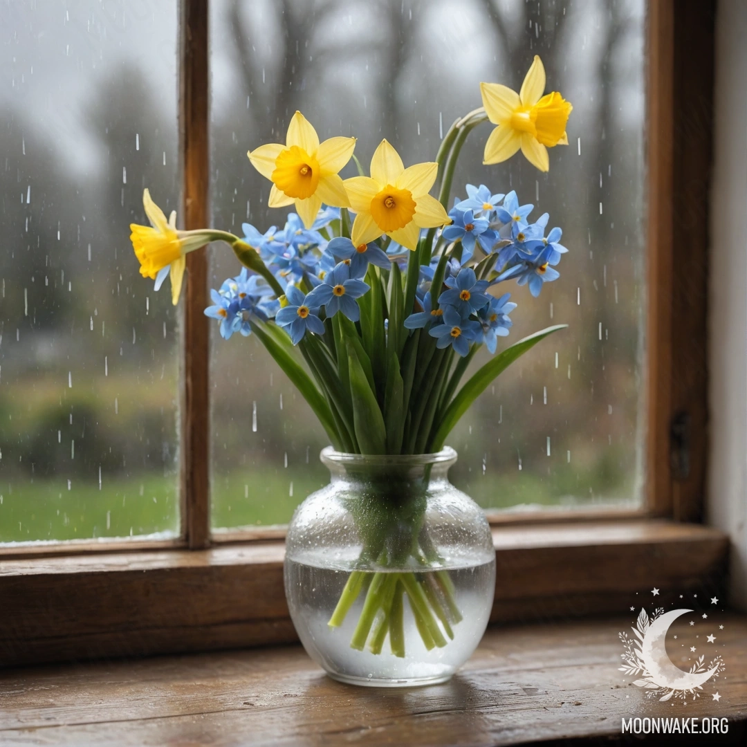 An old wooden window sill adorned with a white vase, daffodils, and forget-me-nots, drenched in rain.
