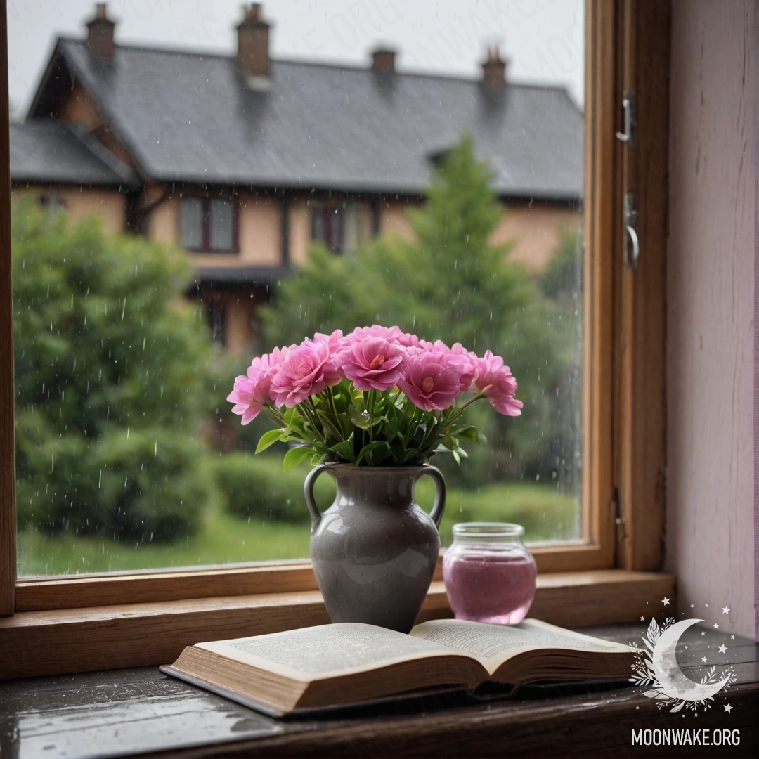 An old shabby book, a gray vase with pink flowers on a wooden window sill, pink curtain under rain.